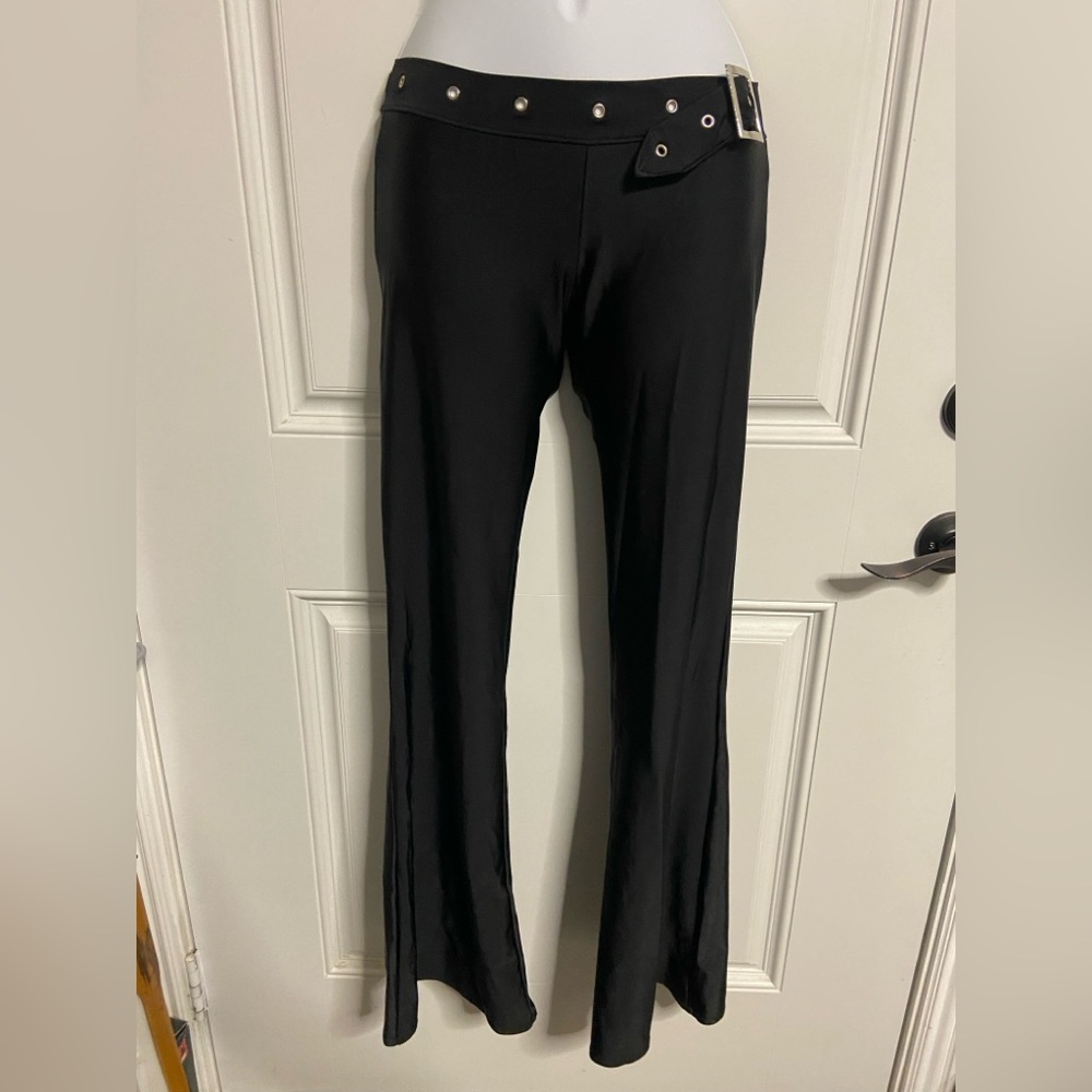 T25- LOVER’S LANE Black Knit GROMMET BUCKLE Waist Flared Hem TALL Pants